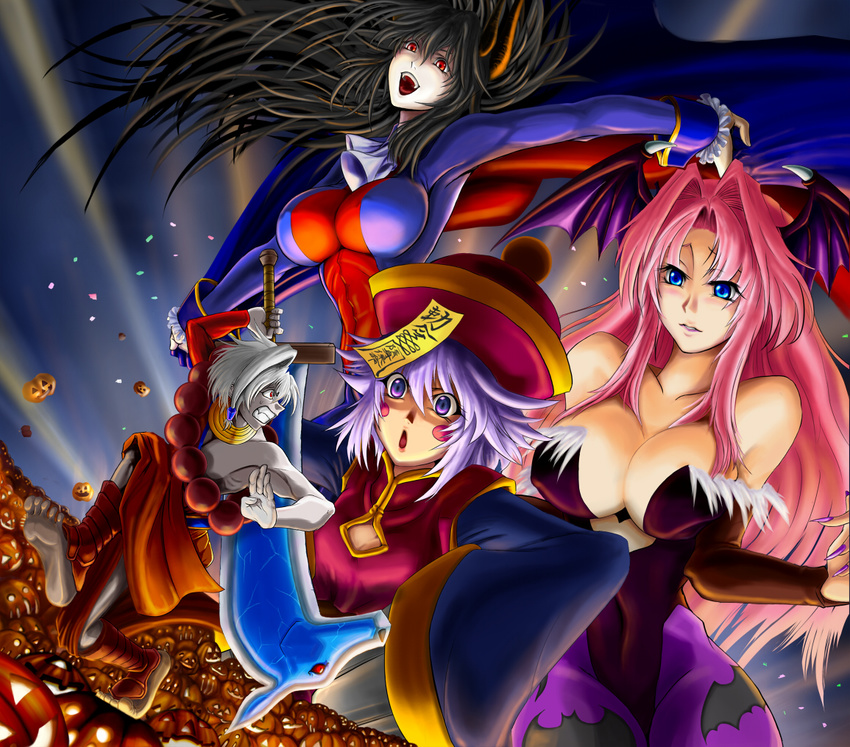 animal_print bat_print bat_wings beads blue_eyes breasts cape cleavage cleavage_cutout cosplay curvy demitri_maximoff demon_girl donovan_baine elbow_gloves fujioka_yatsufusa genderswap genderswap_(mtf) gloves halloween hat head_wings horns huge_breasts jack-o'-lantern jewelry jiangshi large_breasts lei_lei leotard long_hair morrigan_aensland multiple_girls necklace ofuda open_mouth pantyhose pink_hair prayer_beads print_legwear pumpkin purple_eyes purple_hair red_eyes succubus sweatdrop sword vampire vampire_(game) weapon white_hair wings