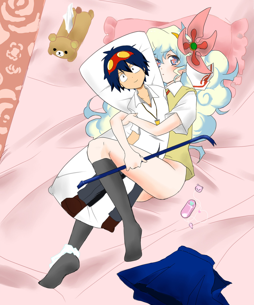 bad_id bad_pixiv_id bed bottomless cloud_hair crowbar dakimakura_(object) highres kinzou_(2828) long_hair multicolored_hair nia_teppelin panties panties_around_one_leg pillow pillow_hug simon solo tengen_toppa_gurren_lagann tissue_box underwear vibrator white_panties