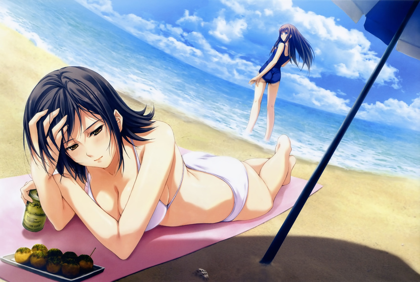 absurdres adjusting_hair ass back bangs barefoot beach beach_umbrella bikini black_hair blue_eyes blush breasts brown_hair can cleavage cloud crossed_arms crossed_legs day drink dutch_angle fisheye flat_chest food foreshortening from_behind highres kneepits large_breasts legs light_smile long_hair looking_back lying multiple_girls ocean official_art on_stomach one-piece_swimsuit outdoors parasol parted_bangs pp:_pianissimo school_swimsuit seashell shadow shell shirakawa_ayane short_hair sideboob sky standing sugina_miki sunbathing swimsuit tachibana_mikage takoyaki towel umbrella wading water white_bikini yellow_eyes