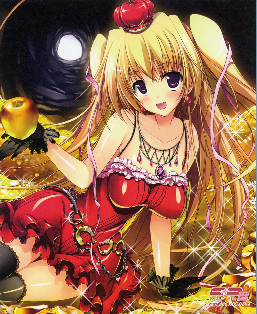 blonde_hair breasts chain copyright_request earrings gloves gold highres jewelry large_breasts misakura_nankotsu money necklace purple_eyes solo thighhighs