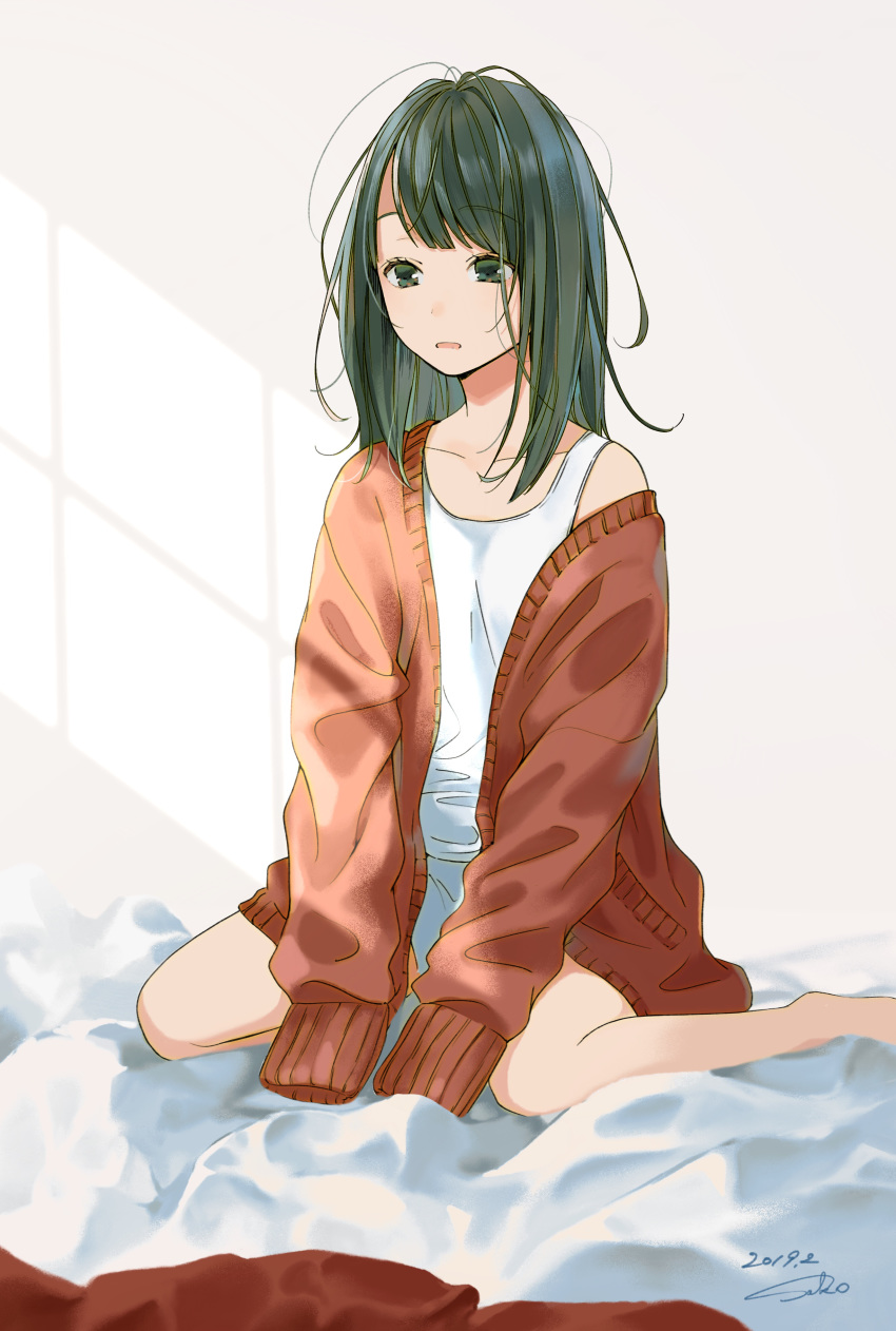 1girl absurdres bangs bare_legs bare_shoulders barefoot black_eyes black_hair brown_jacket collarbone dated day highres jacket long_hair long_sleeves loungewear messy_hair no_pants off_shoulder open_clothes open_jacket original parted_lips sako_(user_ndpz5754) shirt signature sitting sleeves_past_fingers sleeves_past_wrists solo tank_top wariza white_shirt window_shade