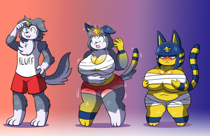 2019 animal_crossing ankha_(animal_crossing) anthro barefoot big_breasts blue_eyes blue_hair breast_growth breasts canid canine canis chest_tuft clothed clothing domestic_cat domestic_dog felid feline felis female gender_transformation hair hand_on_breast huge_breasts male mammal mtf_transformation nintendo open_mouth pants pink_eyes prinnydood shirt short_stack shrinking simple_background slightly_chubby smile solo standing surprise transformation tuft video_games weight_gain wide_hips