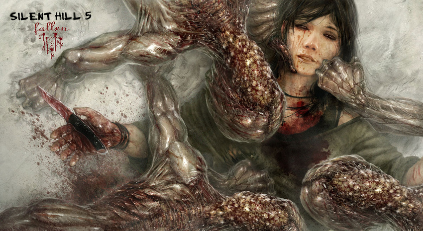 black_hair blood breasts concept_art death dying eating knife marek_okon medium_breasts monster original silent_hill silent_hill_v snow spine tears undershirt wristband