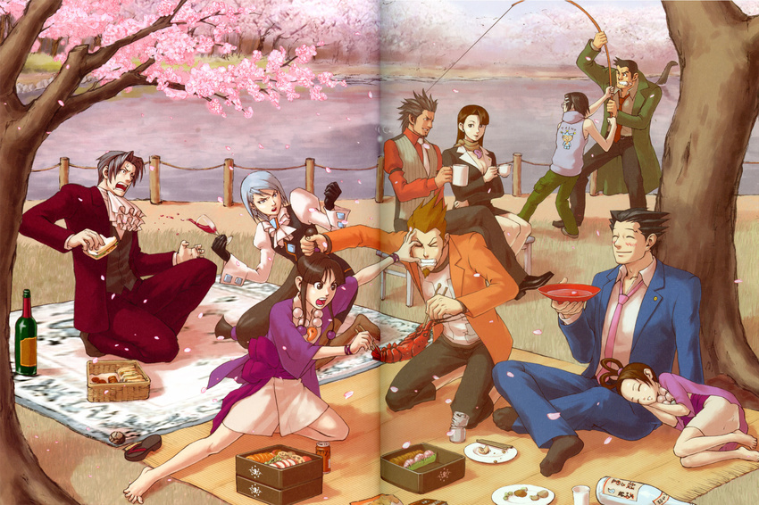 5girls ayasato_chihiro ayasato_harumi ayasato_mayoi edaki_shin'ya gyakuten_saiban gyakuten_saiban_3 half_updo highres itonokogiri_keisuke kaminogi_souryuu karuma_mei magatama mitsurugi_reiji multiple_boys multiple_girls naruhodou_ryuuichi pantyhose suzuki_mako yahari_masashi