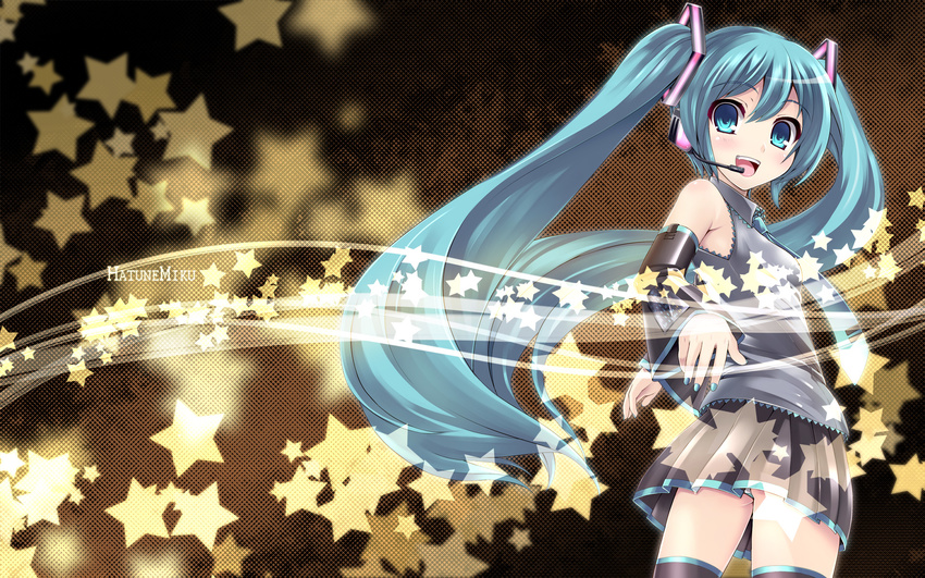 aqua_eyes aqua_hair asu_hare bad_id bad_pixiv_id detached_sleeves hatsune_miku headset highres long_hair looking_at_viewer looking_back necktie panties pantyshot skirt smile solo star striped striped_panties thighhighs twintails underwear very_long_hair vocaloid wallpaper