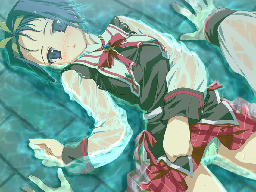 blue_eyes blue_hair blush game_cg green_panties hairband highres lying on_back panties plaid plaid_skirt school_uniform shida_kazuhiro short_hair skirt skirt_lift sofiace_raphonitte solo underwear water wet wet_clothes wiz_anniversary