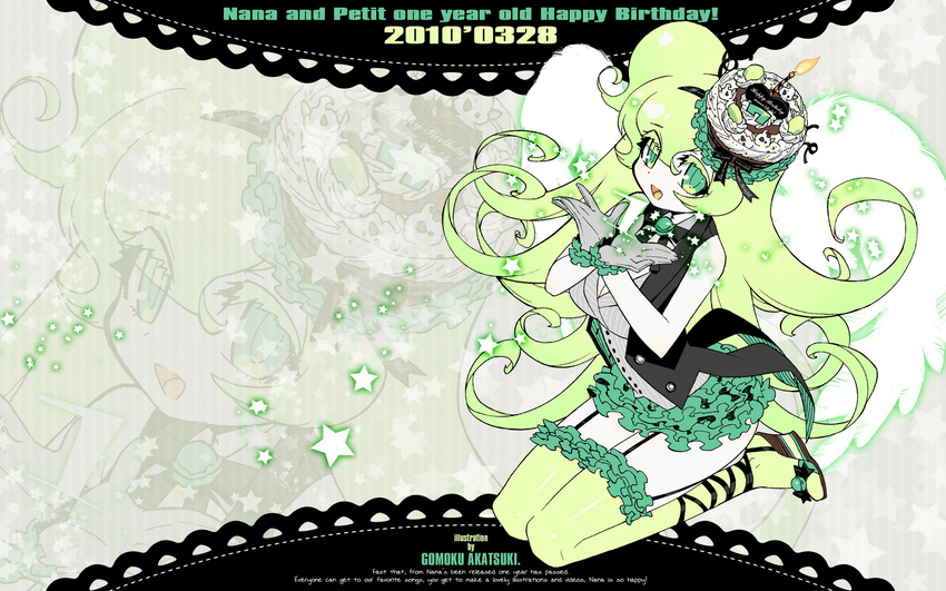 2010 akatsuki_gomoku apple_inc. birthday breasts buttons cake candle cleavage colored_eyelashes cross-laced_footwear english engrish eyelashes flipped_hair food food_themed_clothes frilled_legwear frills gathers gloves green_eyes green_hair green_legwear hat highres icing kneeling lace lace-up_heels long_hair macintosh macloid macne_nana medium_breasts necktie open_mouth pale_skin ponytail product_girl ranguage side_ponytail skirt solo sparkle star thighhighs very_long_hair vest wallpaper wings zoom_layer