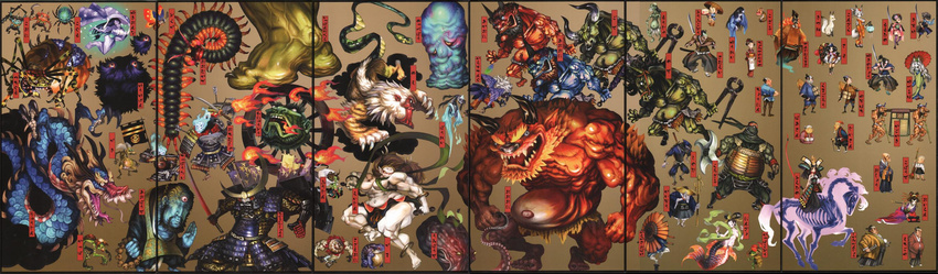 6+girls dragon duplicate fuujin_(oboro_muramasa) ghost gun highres hitsuke japanese_clothes kappa katana kimono kongiku leaf leaf_on_head mermaid momohime monster monster_girl multiple_boys multiple_girls oboro_muramasa oni parasol raijin_(oboro_muramasa) samurai sword torahime translation_request umbrella wanyuudo weapon yuzuruha