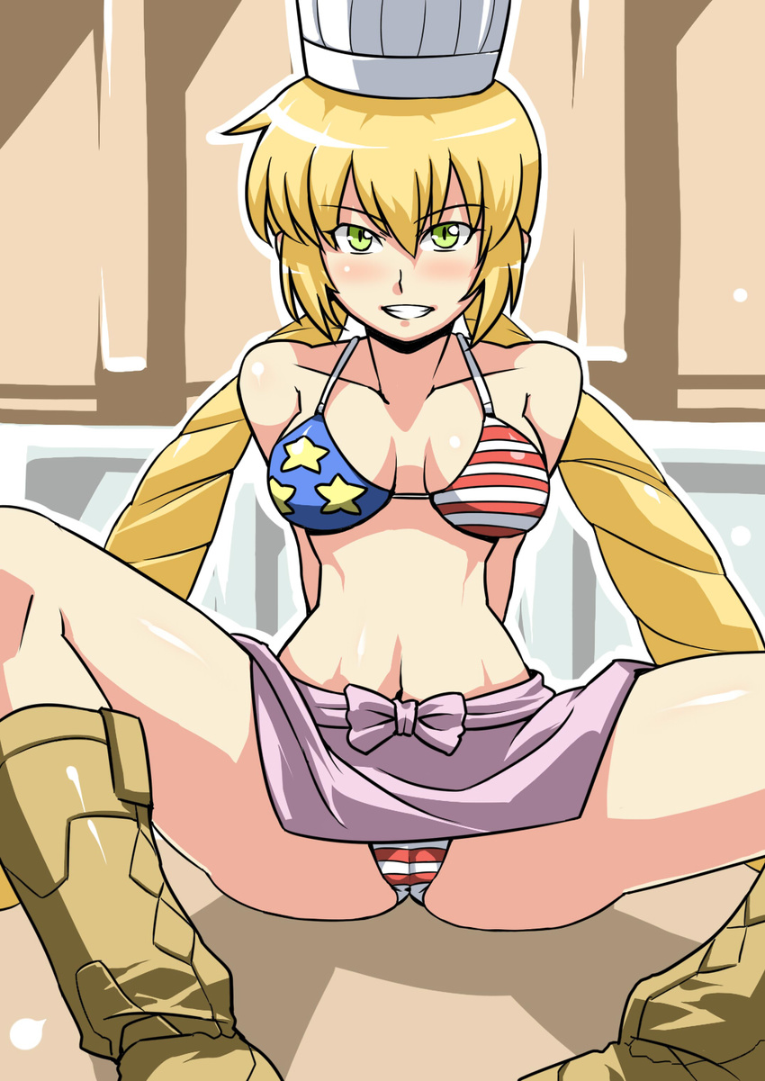 america american_flag_bikini apron bikini blonde_hair boots chef_hat flag_print green_eyes hat highres monica_adenauer solo spread_legs swimsuit toque_blanche tsuki_wani twintails yakitate!!_japan