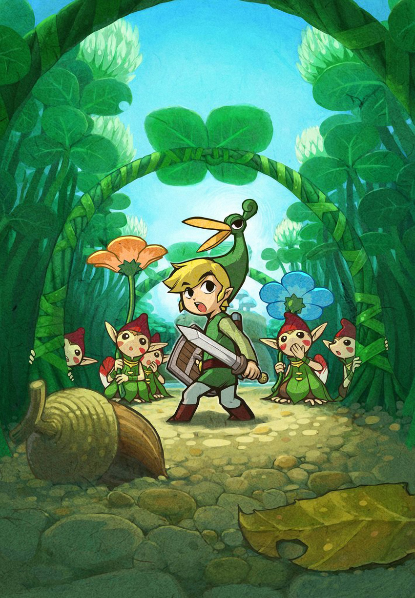 absurdres acorn artist_request blonde_hair ezlo highres holding holding_sword holding_weapon left-handed link official_art pointy_ears shield sword the_legend_of_zelda the_legend_of_zelda:_the_minish_cap weapon