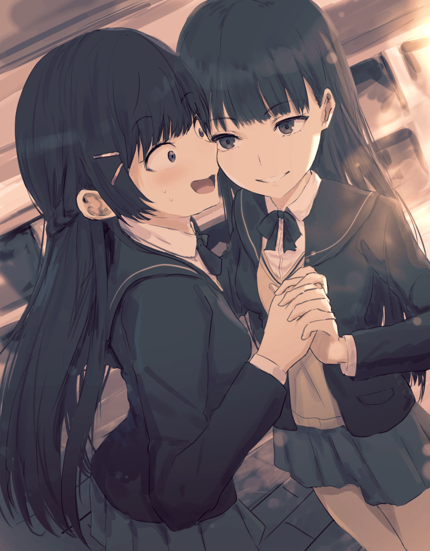 2girls absurdres amagami ayatsuji_tsukasa bangs black_bow black_hair black_jacket blazer blurry blurry_background bow brown_eyes collared_shirt commentary_request crossover depth_of_field dutch_angle eyebrows_visible_through_hair grey_skirt grin hair_ornament hairclip hand_holding highres interlocked_fingers jacket kumamoto_nomii-kun long_hair long_sleeves multiple_girls nijisanji open_blazer open_clothes open_jacket open_mouth pleated_skirt purple_eyes shirt skirt smile solo sweat sweater_vest tsukino_mito very_long_hair virtual_youtuber white_shirt