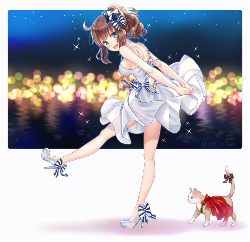 1girl :d ahoge animal bare_arms bare_shoulders blue_bow blurry blurry_background blush bow breasts brown_hair cat character_request commentary_request depth_of_field dress hair_bow hakuda_tofu high_heels iriam leaning_forward looking_at_viewer looking_to_the_side medium_breasts night night_sky open_mouth see-through_silhouette shoes side_ponytail sidelocks sky sleeveless sleeveless_dress smile solo standing standing_on_one_leg striped striped_bow virtual_youtuber water white_bow white_dress white_footwear