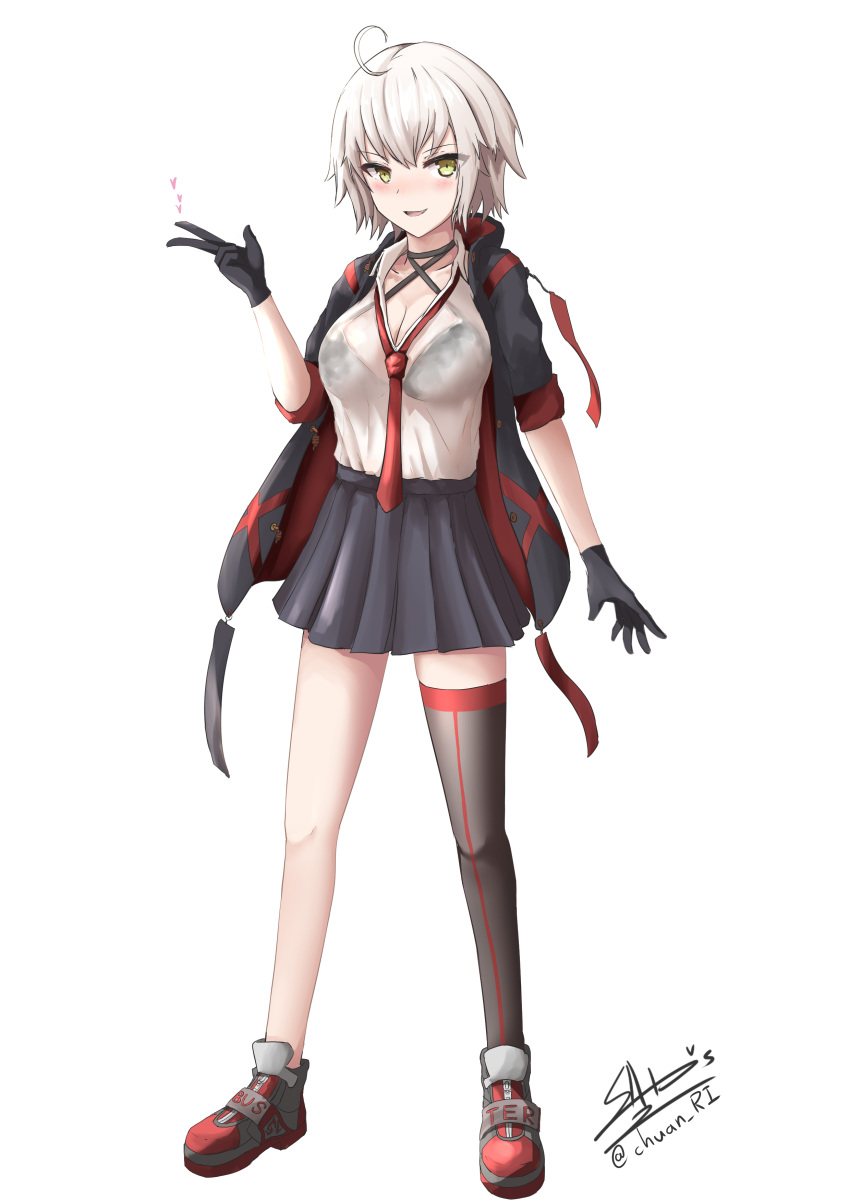 1girl :d absurdres ahoge asymmetrical_legwear bangs black_bra black_choker black_gloves black_jacket black_skirt blush bra bra_through_clothes breasts brown_hair brown_legwear choker cleavage collarbone collared_shirt commentary_request eyebrows_visible_through_hair fang fate/grand_order fate_(series) full_body gloves hand_up heart highres ichikawayan jacket jeanne_d'arc_(alter)_(fate) jeanne_d'arc_(fate)_(all) looking_at_viewer medium_breasts necktie open_clothes open_jacket open_mouth pleated_skirt red_footwear red_neckwear see-through shirt shoes short_hair signature simple_background single_thighhigh skirt smile solo standing thighhighs twitter_username underwear v white_background white_shirt yellow_eyes