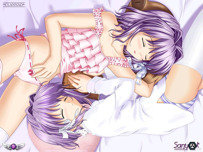 artist_request botan_(clannad) clannad fujibayashi_kyou fujibayashi_ryou hair_ribbon highres lingerie long_hair multiple_girls panties pink_panties purple_hair ribbon ribbon-trimmed_underwear ribbon_trim short_hair siblings sisters sleeping spoilers striped striped_panties twins underwear wallpaper watermark