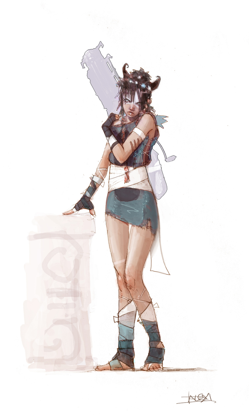 absurdres artist_request blue_eyes bow_(weapon) brown_hair concept_art crossbow facepaint hair_ornament heavenly_sword highres kai_(heavenly_sword) official_art pencil_skirt skirt solo weapon