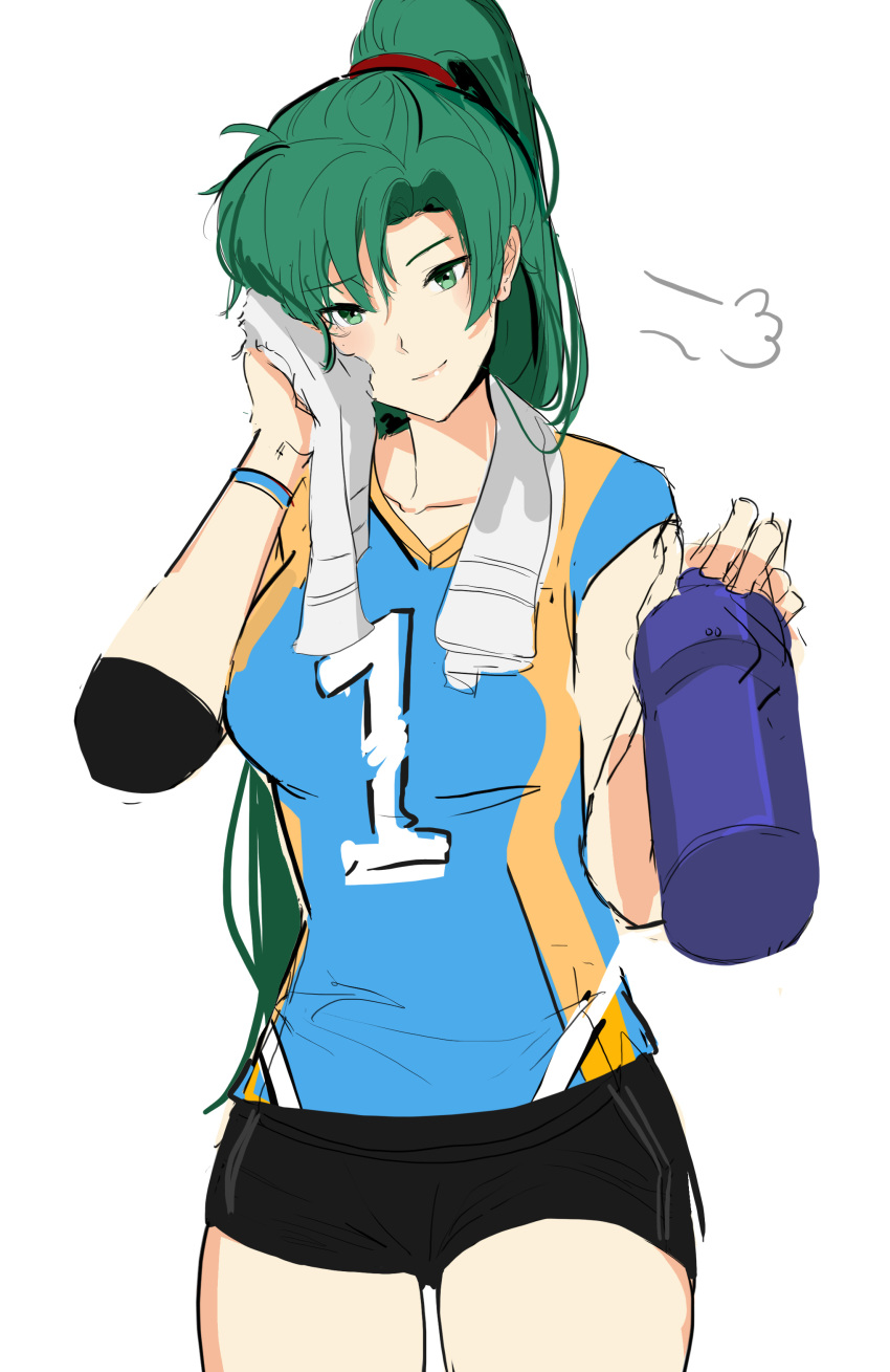 1girl absurdres bottle fire_emblem fire_emblem:_rekka_no_ken fire_emblem_heroes green_eyes green_hair highres long_hair lyndis_(fire_emblem) nintendo ormille ponytail shorts solo sportswear thighs towel volleyball_uniform water_bottle white_background