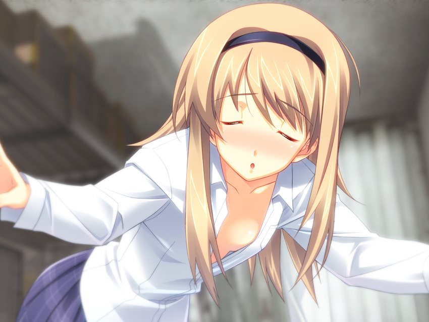 blush brown_hair chaos;head closed_eyes downblouse facing_viewer flat_chest game_cg hairband highres incoming_kiss leaning_forward long_hair matsuo_yukihiro nishijou_nanami no_bra open_clothes open_shirt plaid shirt skirt solo