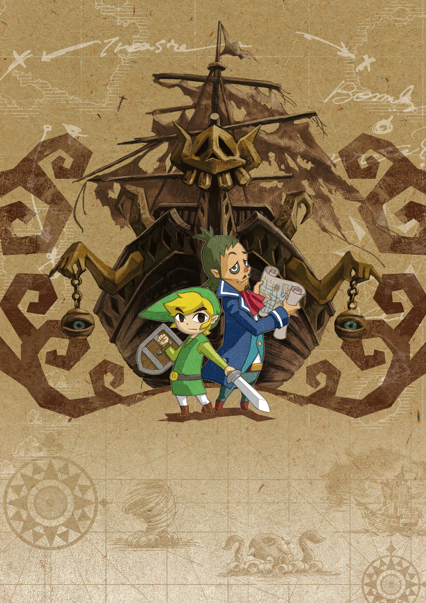 absurdres artist_request black_eyes blonde_hair compass_rose hat highres holding holding_sword holding_weapon left-handed linebeck link male_focus map multiple_boys official_art pointy_ears shield ship sword the_legend_of_zelda the_legend_of_zelda:_phantom_hourglass toon_link watercraft weapon