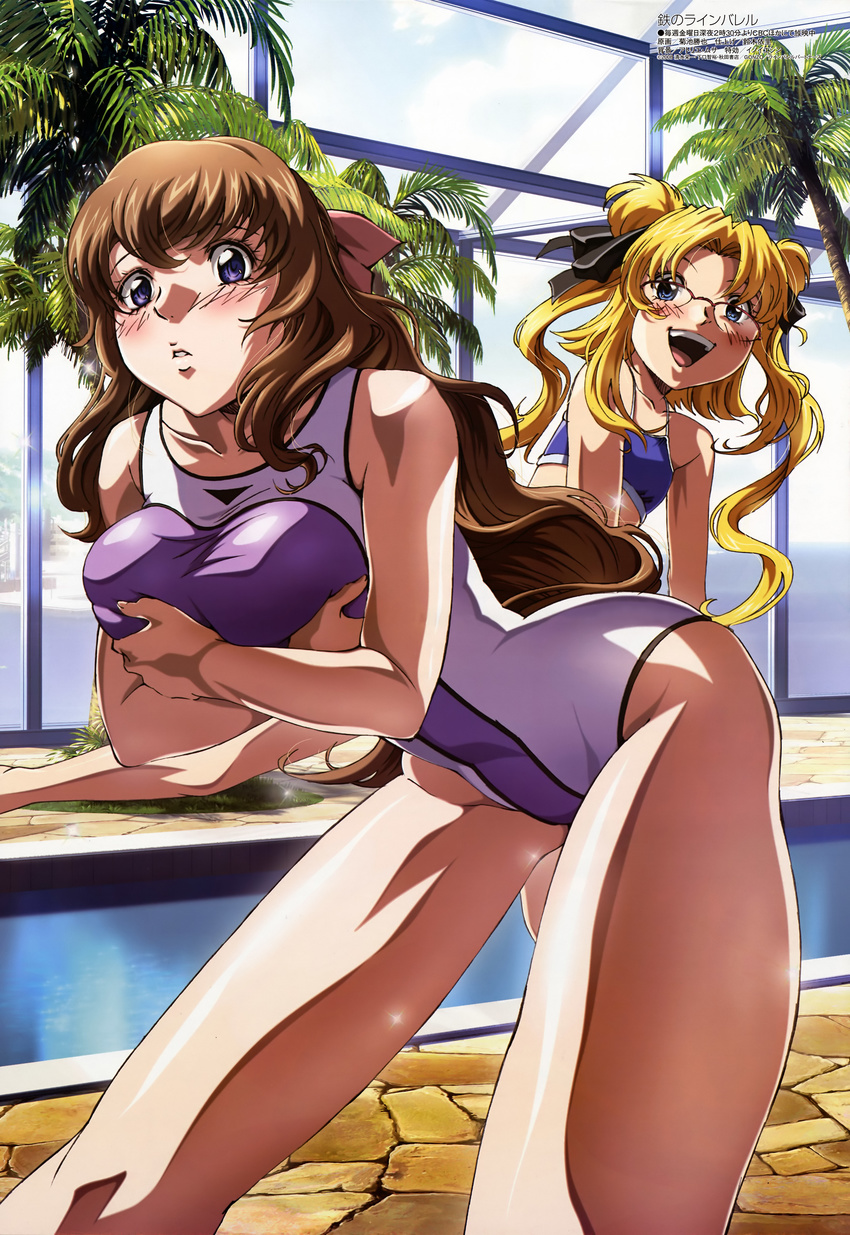 :d absurdres bent_over bikini blonde_hair blue_eyes blush breast_hold breasts brown_hair embarrassed flat_chest glasses hair_ribbon highres impossible_clothes indoors kikuchi_katsuya kujou_miu kurogane_no_linebarrel large_breasts long_hair looking_back megami multiple_girls non-web_source official_art one-piece_swimsuit open_mouth palm_tree pool poolside purple_eyes rachel_calvin ribbon scan smile swimsuit tankini thighs tree twintails water wide_hips window