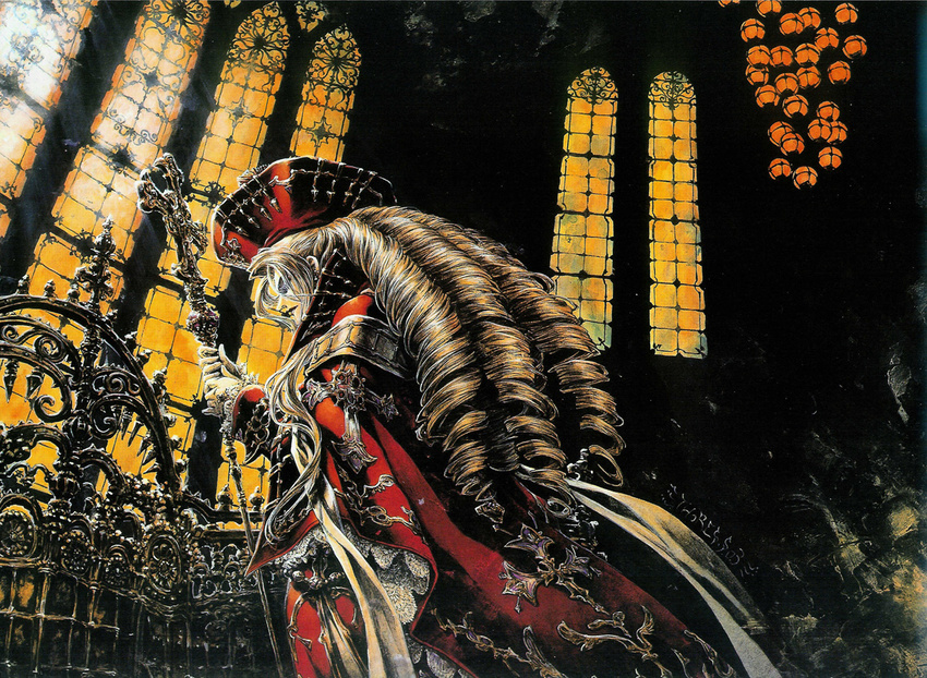 brown_hair caterina_sforza church curly_hair dress from_behind indoors long_hair long_sleeves official_art red_dress scan shibamoto_thores solo standing trinity_blood very_long_hair window