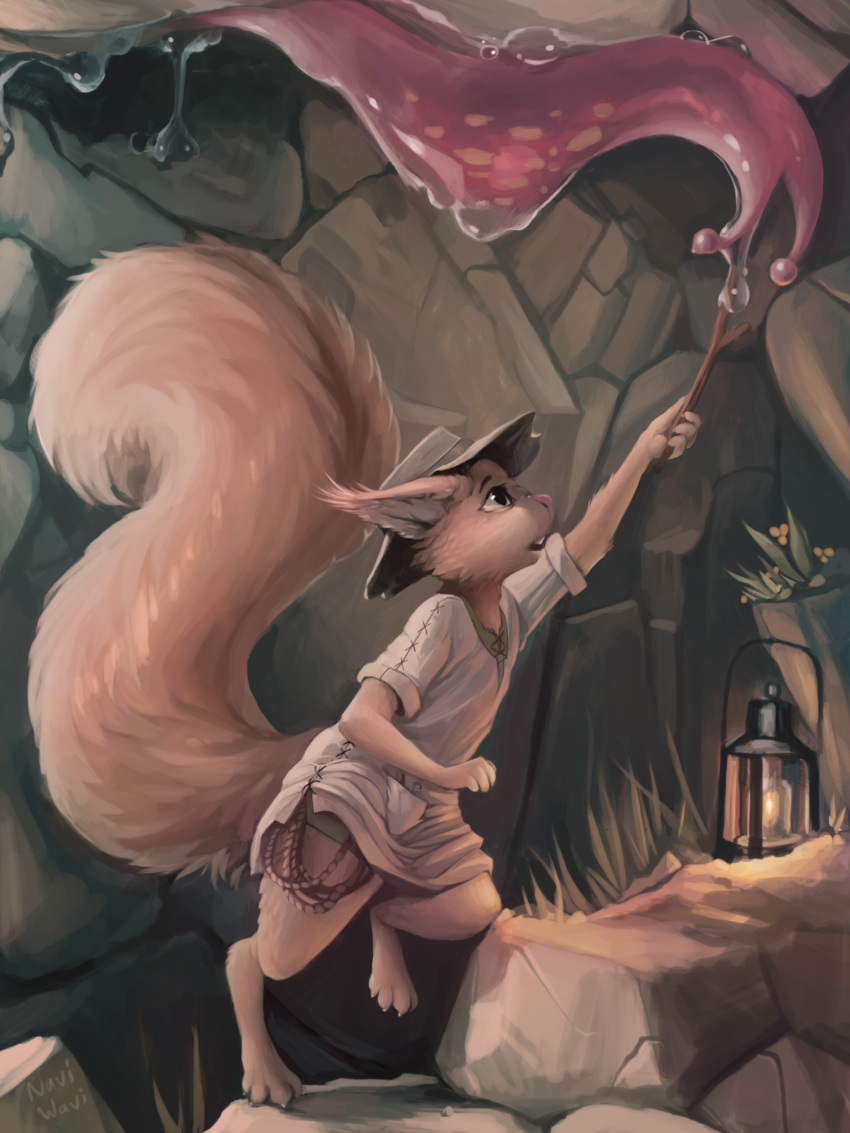 4_fingers 4_toes ambiguous_gender anthro baggy_clothing baggy_shirt barefoot big_tail buckteeth cave cheek_tuft claws clothed clothing detailed_background digital_media_(artwork) digital_painting_(artwork) digitigrade duo ear_tuft explorer feral fluffy fluffy_tail fully_clothed gastropod grass hat holding_object holding_stick lantern leaning leaning_forward light looking_at_another looking_up male male_focus mammal mollusk naviwavi on_ceiling on_one_leg open_mouth outstretched_arm reaching rock rodent rolled_up_sleeves rope sciurid shorts side_view slime slouch_hat slug solo_focus standing stick sticky teeth thick_thighs tiptoes toes tuft tunic upside_down