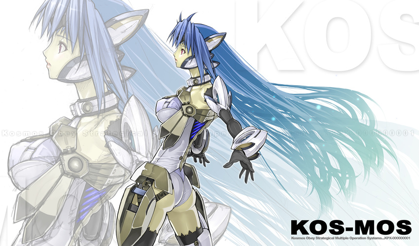 ass bad_id bad_pixiv_id blue_hair elbow_gloves gloves kos-mos kos-mos_ver._4 lips long_hair nakabayashi_reimei red_eyes solo xenosaga xenosaga_episode_iii