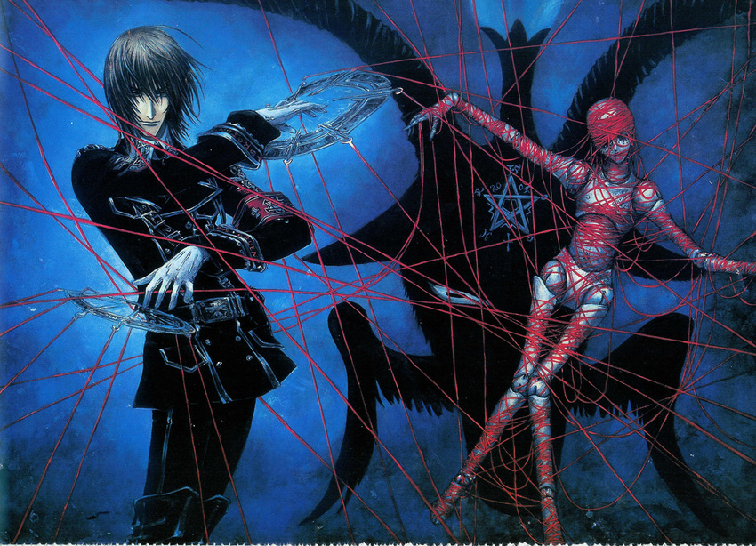 black_hair coat contrapposto dietrich_von_lohengrin long_sleeves looking_at_viewer official_art pants pentagram pose scan shibamoto_thores standing trinity_blood uniform