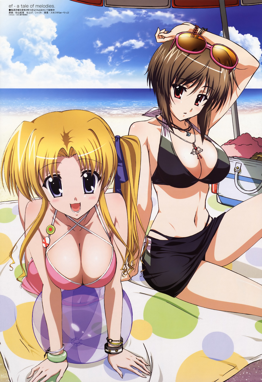 absurdres beach beach_umbrella bikini blonde_hair blue_eyes breasts brown_hair cleavage cloud day ef hayama_mizuki highres hirono_nagi jewelry large_breasts long_hair long_legs megami multiple_girls necklace non-web_source ocean outdoors parasol red_eyes sky sugiyama_nobuhiro sunglasses swimsuit twintails umbrella