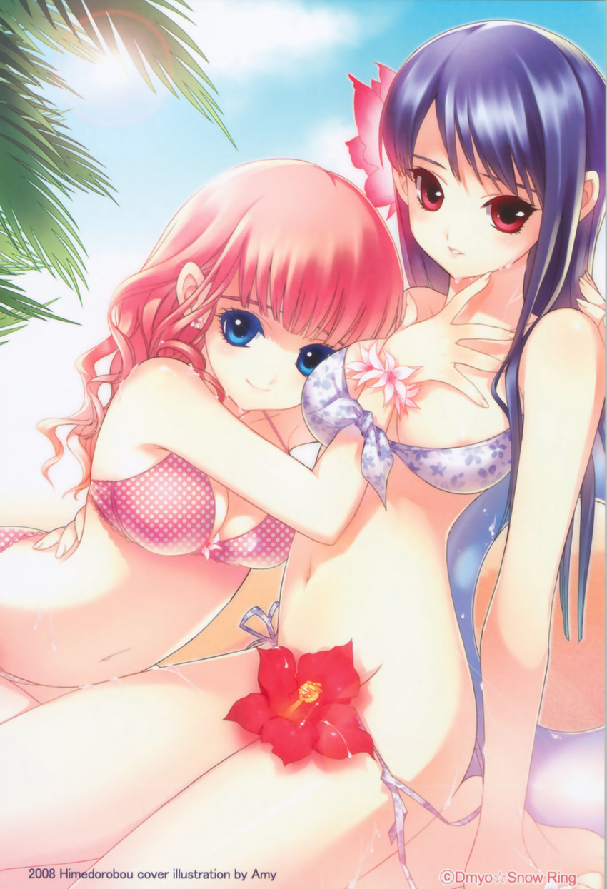 absurdres bikini blue_eyes blue_hair breasts cleavage copyright_request day flower hibiscus highres long_hair medium_breasts multiple_girls pink_hair red_eyes shirahane_nao swimsuit yuri