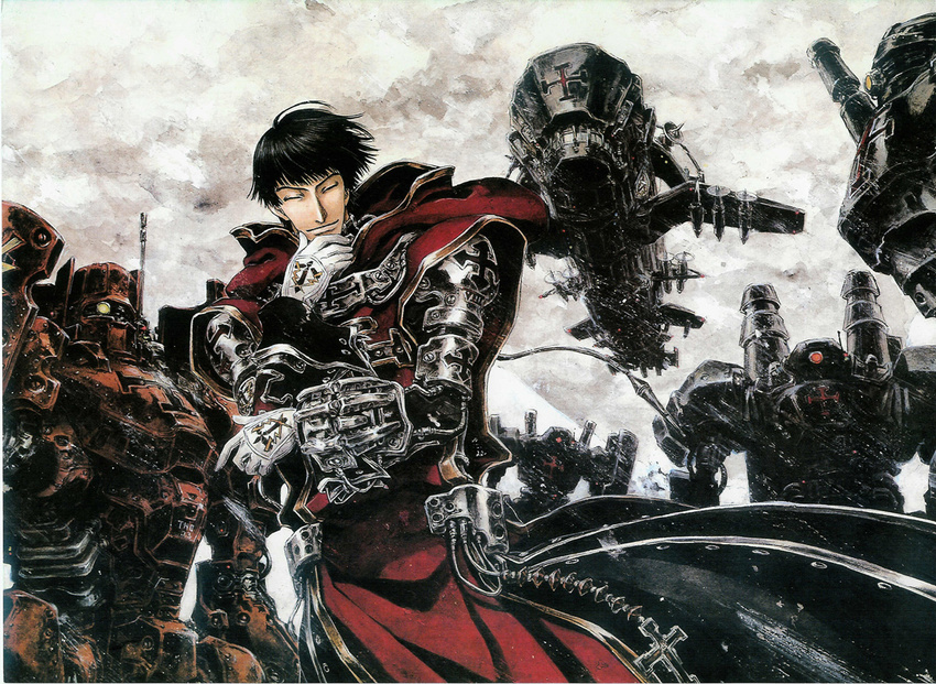 aircraft airplane black_hair cape character_request cloud cloudy_sky coat gauntlets long_sleeves looking_at_viewer machinery mecha official_art outdoors scan shibamoto_thores sky standing trinity_blood uniform