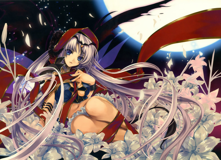 absurdres blue_eyes copyright_request cradle_(artist) flower highres kuroya_shinobu long_hair moon petals purple_hair solo