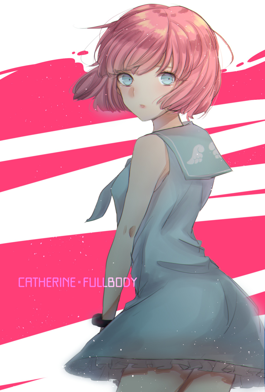 1boy androgynous atlus bangs blue_eyes bob_cut catherine:_full_body catherine_(game) eyebrows highres pink_hair rin_(catherine) short_hair solo trap