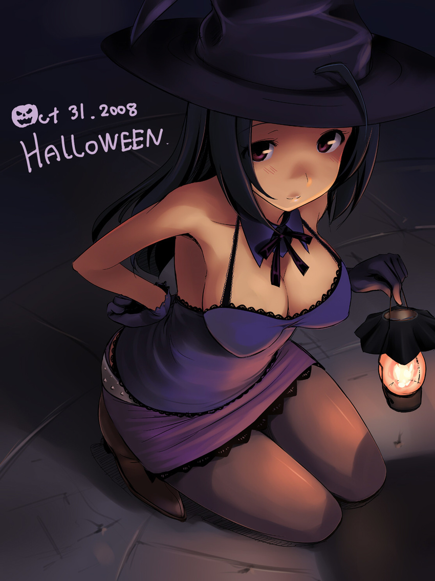 breasts cleavage dated gloves halloween hat highres idolmaster idolmaster_(classic) idolmaster_1 kneeling lantern large_breasts long_hair miura_azusa pantyhose solo takayaki witch_hat