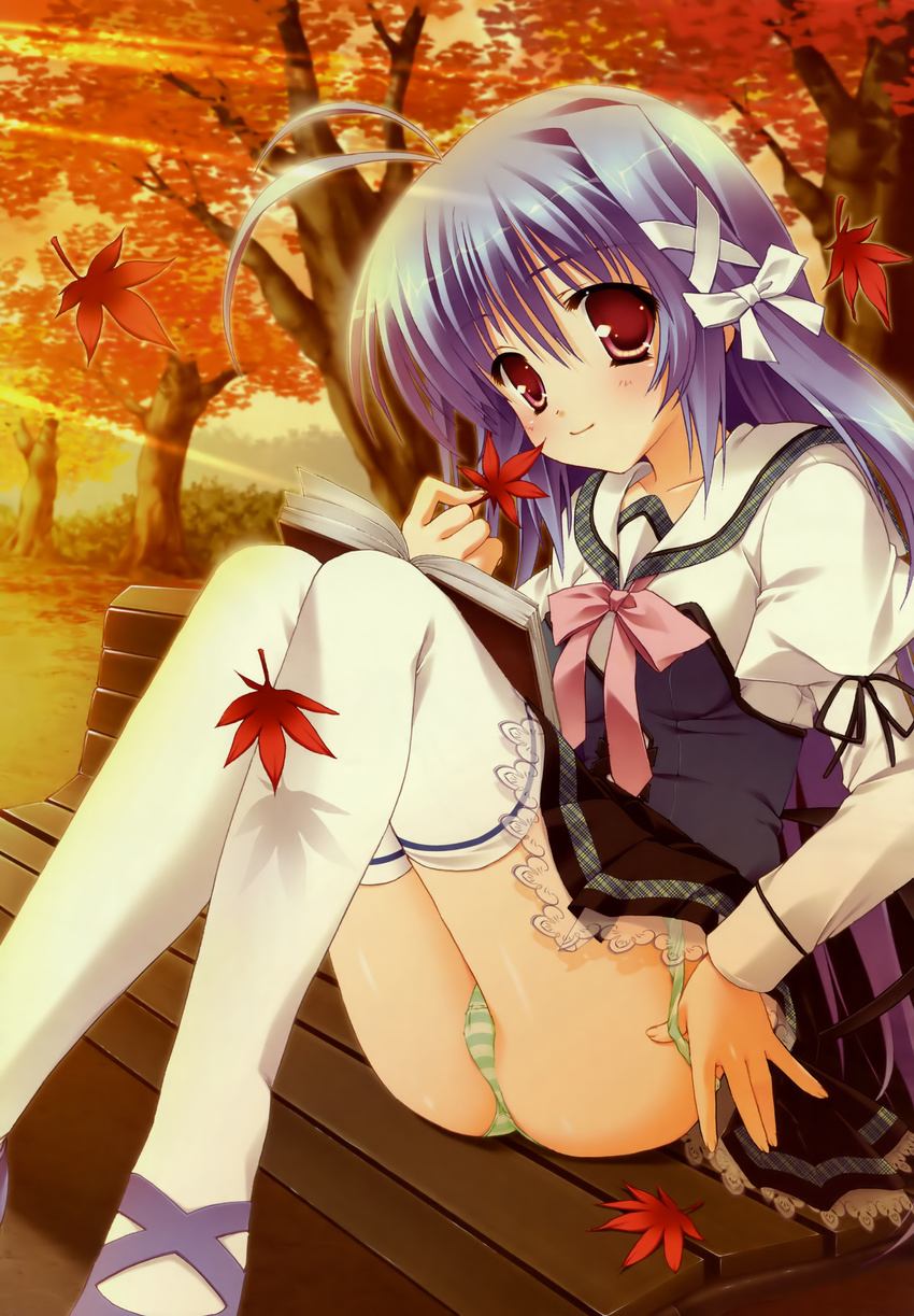 absurdres aoi_kokona autumn autumn_leaves blue_hair bow green_panties highres hinamatsuri_touko leaf long_hair maple_leaf mikoko_(game) non-web_source panties pantyshot pink_bow purple_hair red_eyes school_uniform solo striped striped_panties thighhighs underwear