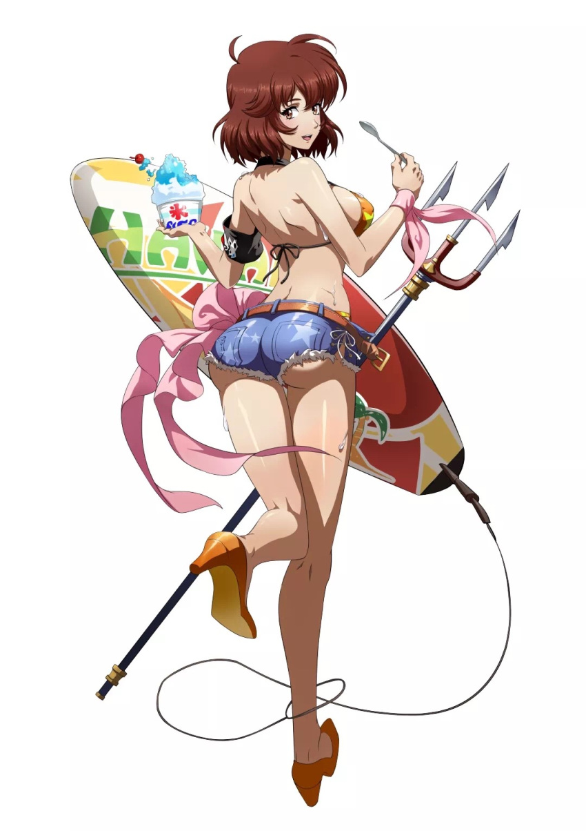 1girl 524667 ? ahoge armband arms ass at back bare bikini body bow breasts brown denim eyes flare_(langrisser) focus fold full gluteal hair high high_heels highres hip ice langrisser large legs looking mouth open polearm pubic_stubble short short_shorts shorts shoulders sideboob solo spoon surfboard sweat swimsuit tag teeth thighs tongue top trident viewer weapon white_background