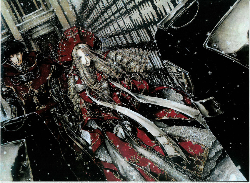 blonde_hair bonnet caterina_sforza character_request curly_hair dress drill_hair dutch_angle formal long_hair long_sleeves looking_at_viewer machinery official_art outdoors red_dress scan shibamoto_thores silver_hair snow trinity_blood very_long_hair