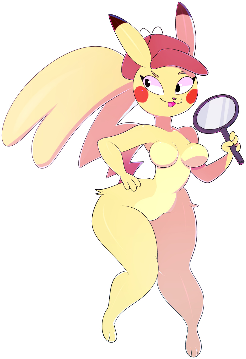 2018 3_toes 4_fingers absurd_res anthro anthrofied breasts cleft_tail detective_pikachu digital_media_(artwork) dipstick_ears eyelashes featureless_breasts female hand_on_hip hat hi_res holding_object magnifying_glass mammal nintendo norithecat pikachu pok&eacute;mon pok&eacute;mon:_detective_pikachu pok&eacute;mon_(species) pok&eacute;morph red_cheeks rodent simple_background solo standing toes video_games white_background