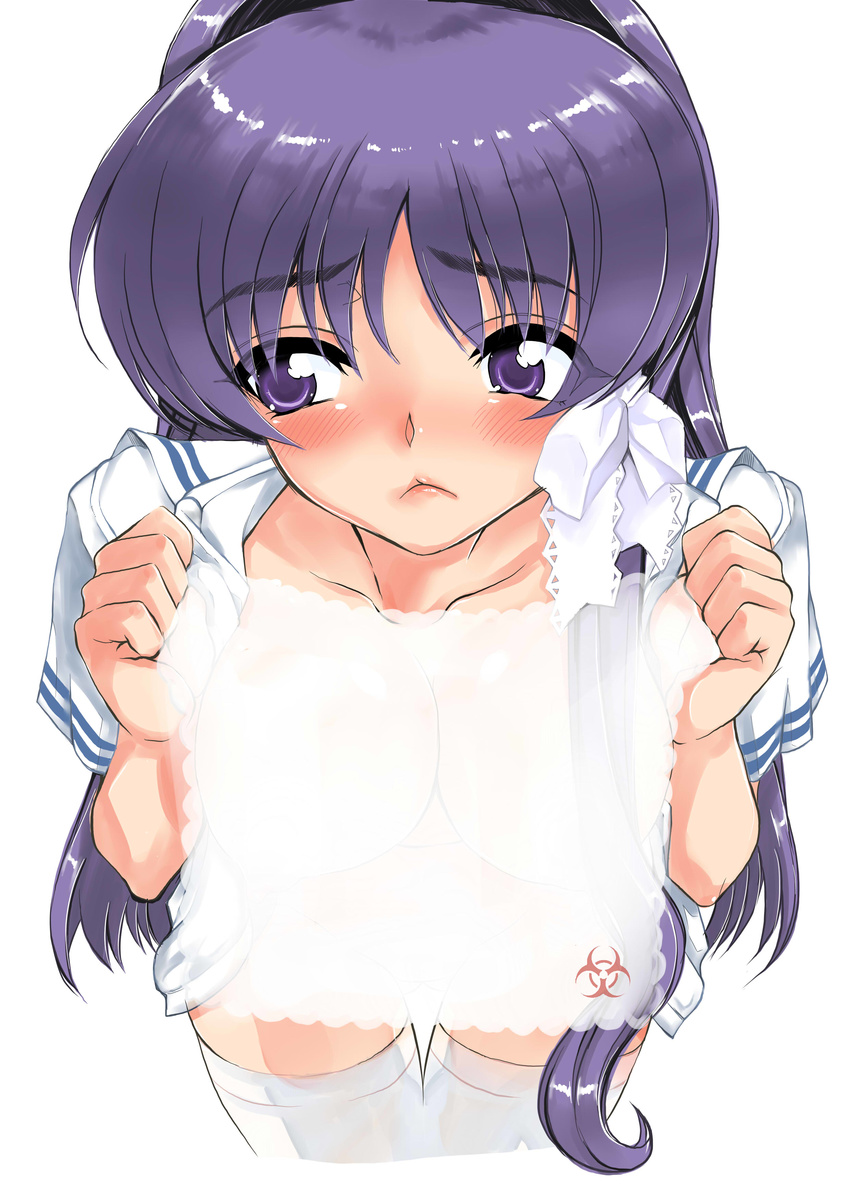 :&lt; absurdres blush clannad fujibayashi_kyou highres natsu_iori purple_eyes purple_hair see-through solo thighhighs