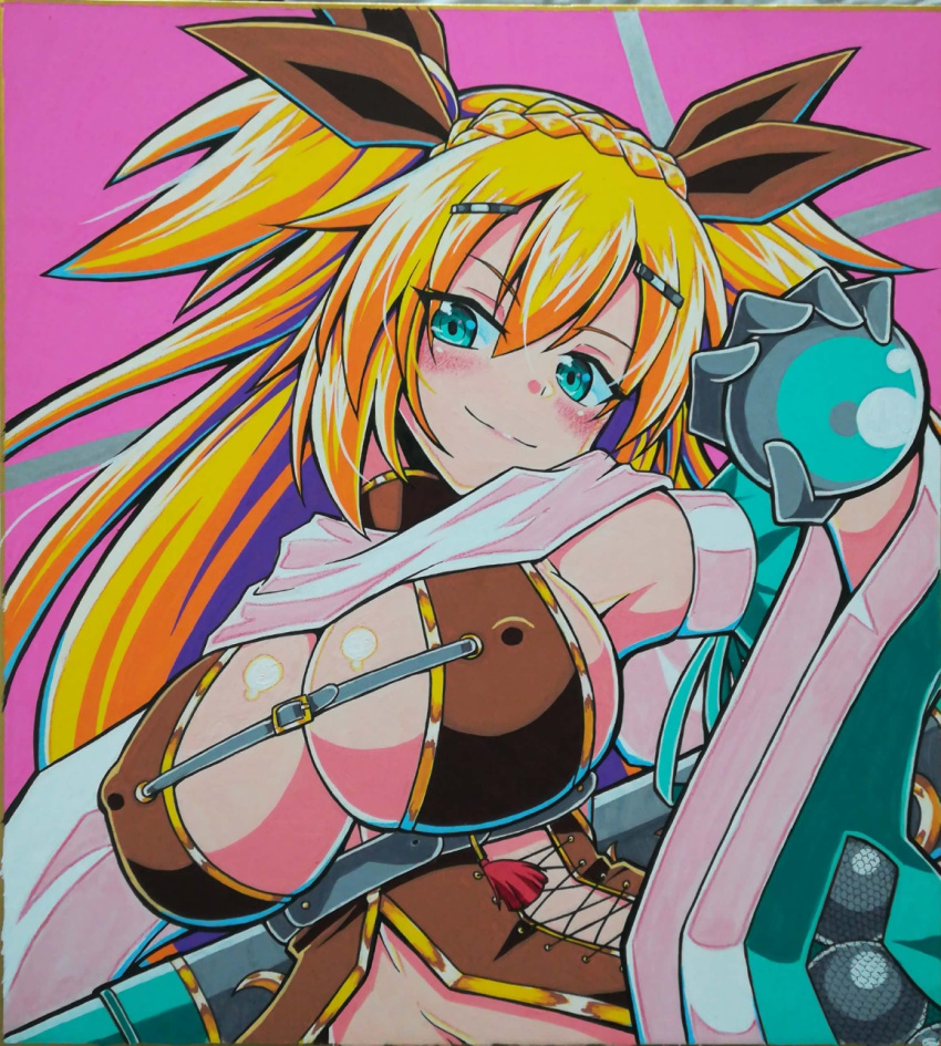 1girl blonde_hair blue_eyes blush bow braid breasts brown_bow cleavage erect_nipples gloves grey_gloves hair_ornament hairclip highres large_breasts long_hair looking_at_viewer navel orb pink_background scan scarf sennen_sensou_aigis shiny shiny_skin simple_background solo soune1000 standing traditional_media white_scarf wide_sleeves zola_(sennen_sensou_aigis)
