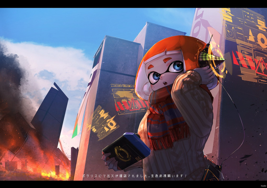 1girl aran_sweater artist_name bangs banner blue_eyes blue_sky blunt_bangs brown_sweater building cable cloud crash day destruction fire fringe_trim handheld_game_console headset highres holding holographic_interface inkling kashu_(hizake) letterboxed long_sleeves looking_away medium_hair monster_girl nintendo_switch open_mouth orange_hair outdoors red_scarf scarf scenery short_eyebrows sideways_glance sign sky skyscraper smoke solo splatoon splatoon_(series) splatoon_2 standing sweatdrop sweater tentacle_hair thick_eyebrows translation_request warning_sign
