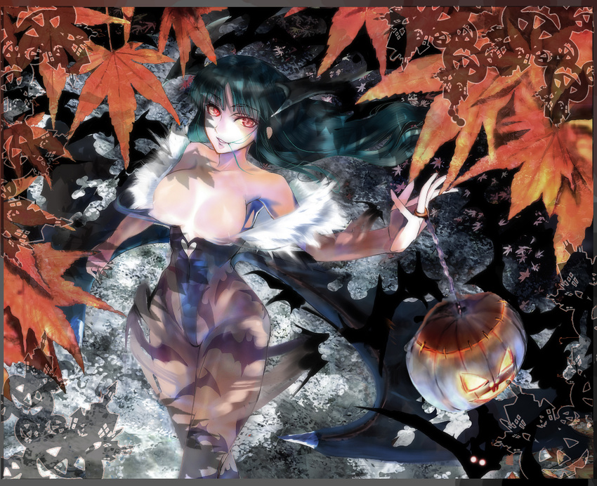 animal_print bat_print bat_wings boots breasts cleavage demon_girl detached_sleeves elbow_gloves fingerless_gloves gloves green_hair hair_in_mouth halloween head_wings houen huge_breasts leaf legs long_hair morrigan_aensland pantyhose print_legwear red_eyes solo succubus thighhighs thighs vampire_(game) wings