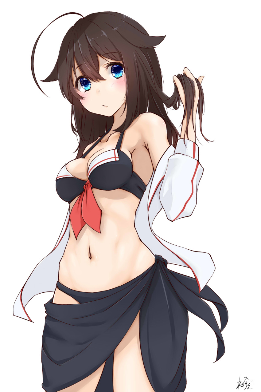 1girl absurdres bikini black_bikini black_hair blue_eyes blush breasts commentary_request eyebrows_visible_through_hair hair_between_eyes hair_flaps hand_in_hair highres kantai_collection long_hair looking_at_viewer medium_breasts navel neve remodel_(kantai_collection) sailor_bikini sailor_collar shigure_(kantai_collection) simple_background solo swimsuit white_background