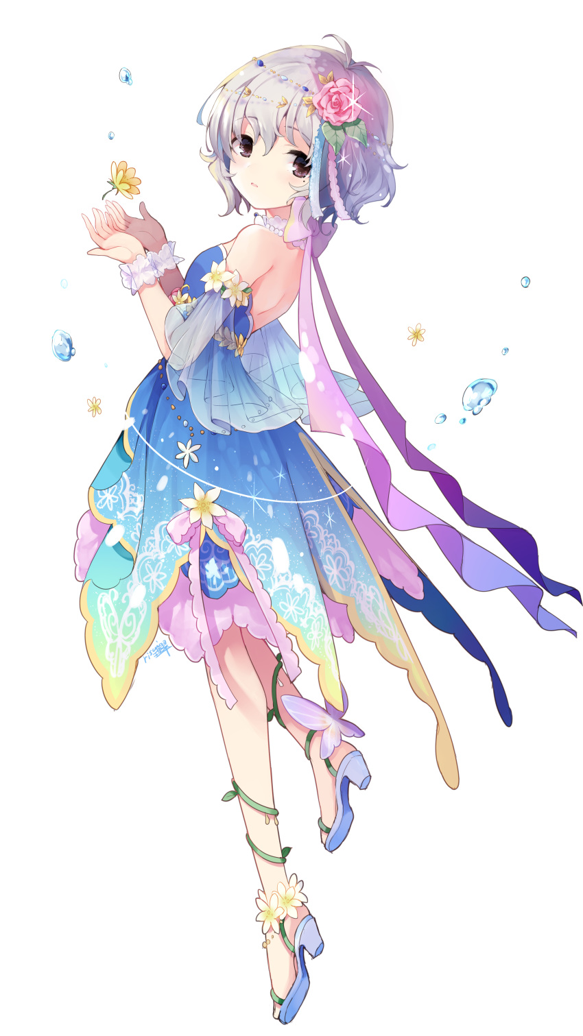 1girl absurdres ankle_flower antenna_hair bangs bare_shoulders blue_dress blue_footwear brown_eyes bug butterfly dress eyebrows_visible_through_hair flower full_body grey_hair hair_between_eyes hair_flower hair_ornament hands_up high_heels highres idolmaster idolmaster_cinderella_girls insect looking_at_viewer looking_to_the_side mole mole_under_eye narumiya_yume parted_lips pink_flower pink_rose risui_(suzu_rks) rose see-through shoes signature simple_background solo strapless strapless_dress water_drop white_background white_flower wrist_cuffs yellow_flower