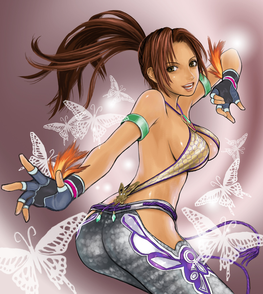 ass brazil brazilian breasts brown_eyes brown_hair bug butterfly capoeira christie_monteiro dark_skin fingerless_gloves gloves hawk_(cwmg) highres insect long_hair medium_breasts ponytail sideboob tekken