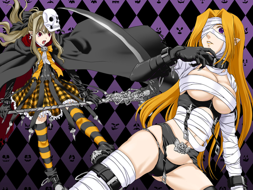 bandages blonde_hair collar garter_belt gloves halloween iga_tomoteru multiple_girls mummy original panties pointy_ears red_eyes scythe striped striped_legwear thighhighs underwear