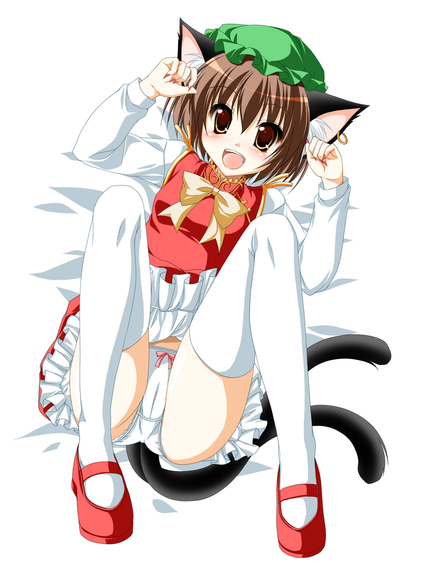 animal_ears bow brown_eyes brown_hair cat_ears cat_tail chen colorized earrings fang hat highres jewelry kamiya_tomoe mary_janes multiple_tails panties ribbon shoes short_hair socks solo tail thighhighs touhou underwear white_panties