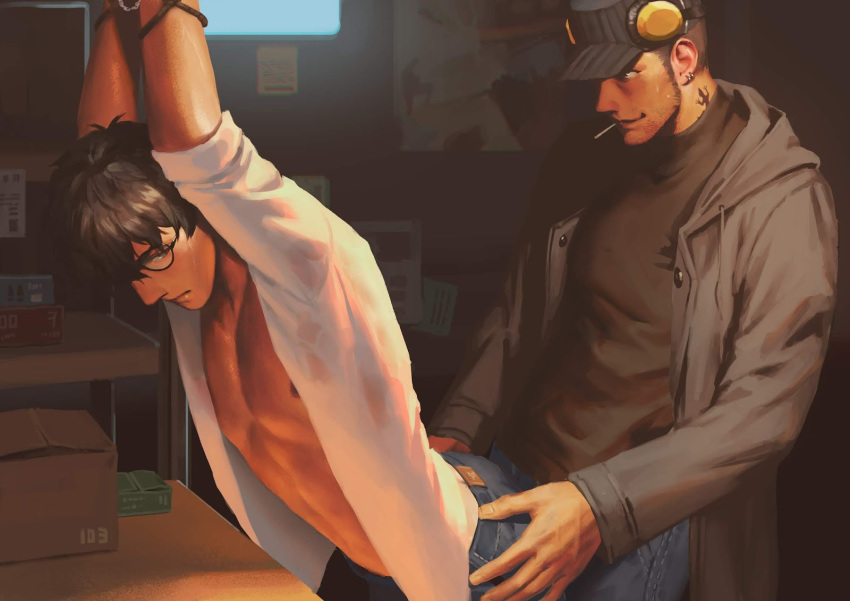 2boys age_difference black_hair cigarette facial_hair hands_on_hips hay highres iwai_munehisa kitagawa_yuusuke male_focus megami_tensei multiple_boys nipples penguin_frontier persona persona_5 piercing restrained rope smirk tattoo undressing yaoi