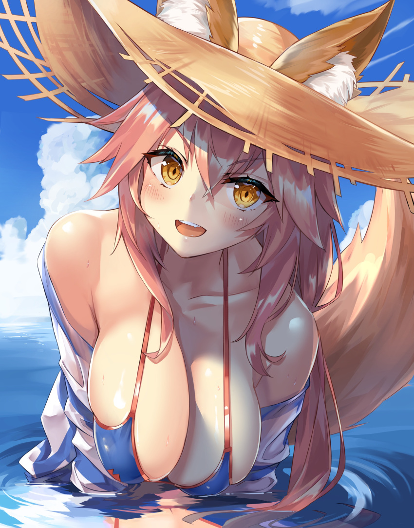 absurdres animal_ear_fluff animal_ears bikini blue_bikini breasts cleavage ears_through_headwear fate/extra fate/grand_order fate_(series) fox_ears fox_girl fox_tail hat highres large_breasts monyu_(monyupop) ocean pink_hair straw_hat swimsuit tail tamamo_(fate)_(all) tamamo_no_mae_(swimsuit_lancer)_(fate) yellow_eyes