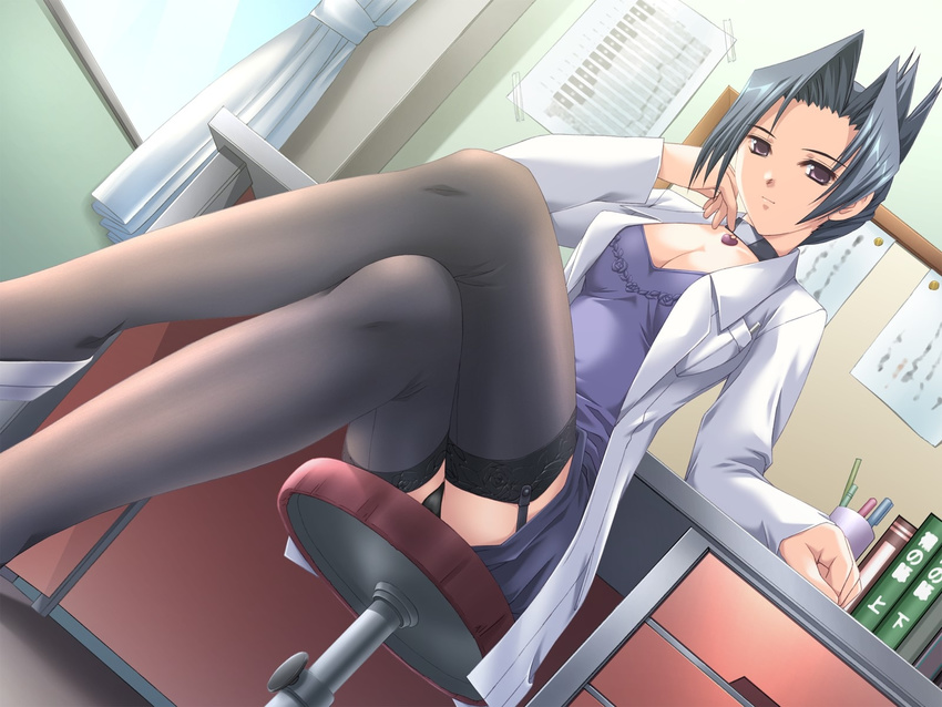 ashikoki_wakaokusama black_hair black_panties book breasts chair choker cleavage crossed_legs curtains desk dress dutch_angle floor game_cg garter_straps highres kaoru_(ashikoki_wakaokusama) labcoat legs lingerie medium_breasts panties pantyshot pantyshot_(sitting) paper pen pencil_skirt purple_eyes shoes short_hair sitting skirt solo table thighhighs underwear upskirt wall window zatou