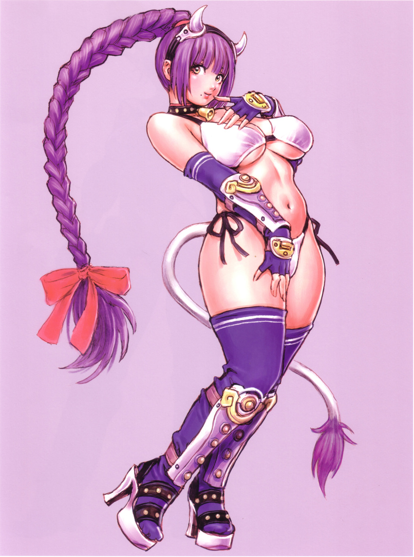 absurdres bell bell_collar bikini braid breasts collar cow_girl cow_tail curvy gloves high_heels highres horns large_breasts long_hair mole mole_under_mouth mugen_no_fantasia platform_footwear purple_hair shoes side-tie_bikini solo swimsuit tail thighhighs underboob very_long_hair wild_flower yamashita_shun'ya yellow_eyes